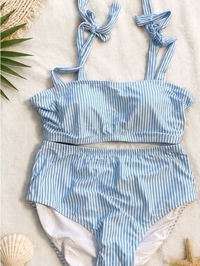Striped Light Blue Two-Piece Swim Set with Tie Straps